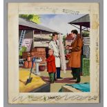 Clive Uptton (1911-2008) - Nine ink and watercolours, including - Father and son at a builder's