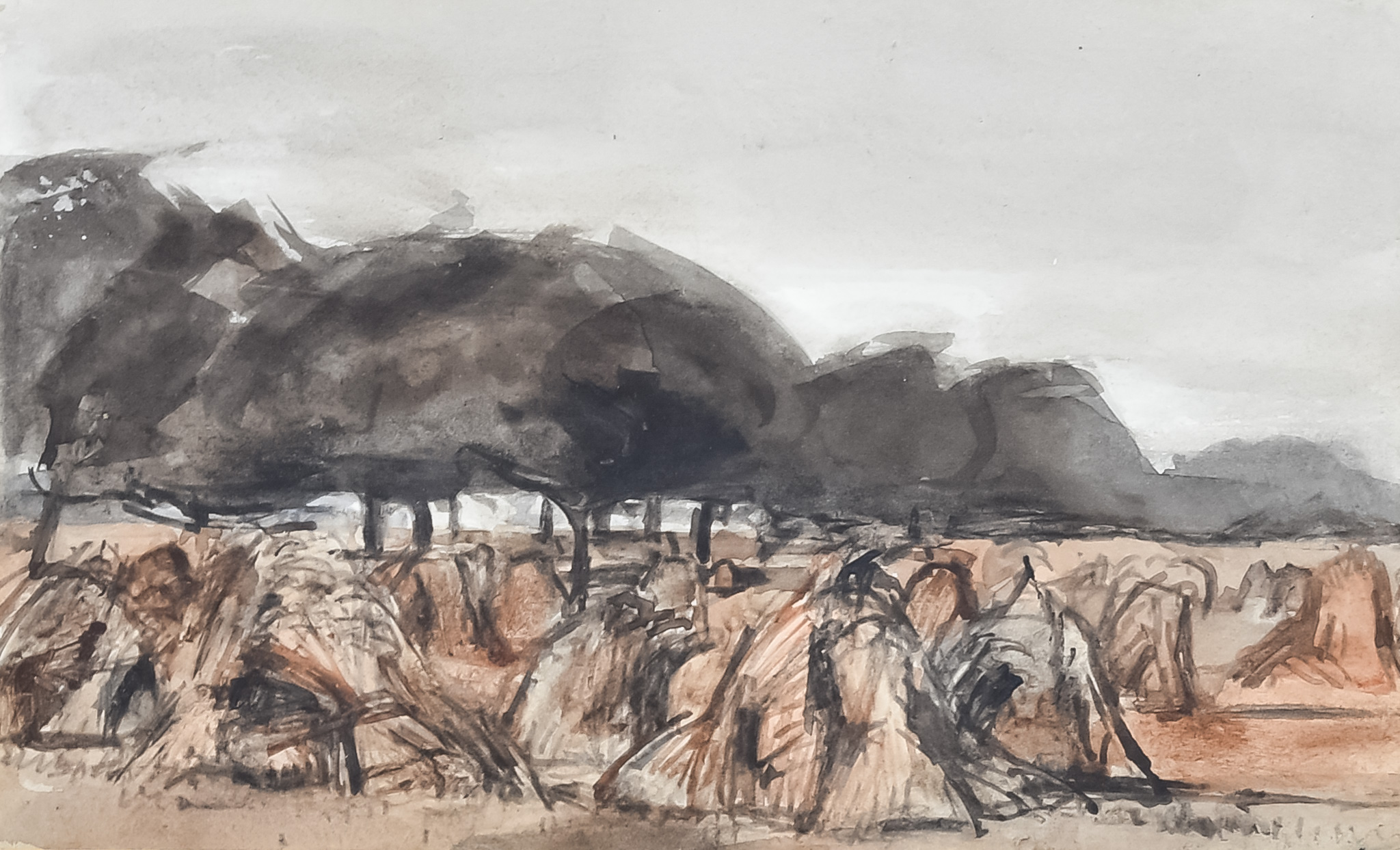 Attributed to Bernard Sickert (1863-1932) - Watercolour - Harvest landscape, circa 1920, 5.25ins x