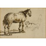 Paul Sandby (1725-1809) - Pencil and wash drawing – Study of horse and dog, 3.25ins x 4.75ins, in