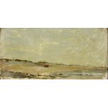 20th Century School - Oil painting - "One Boat on a Beach", board, 5.5ins x 11ins, in gilt and