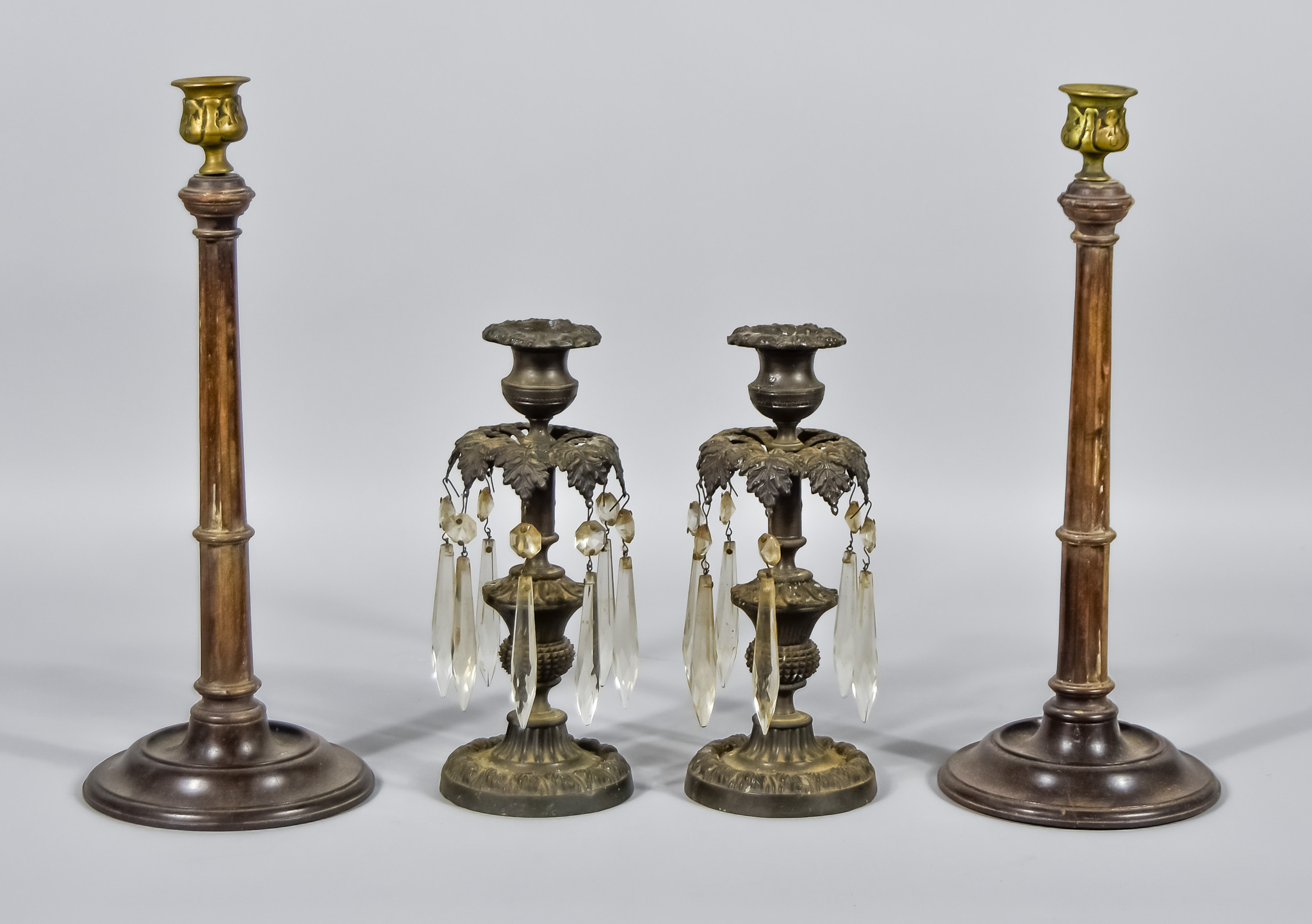 A Pair of Mahogany Turned and Fluted Pillar Candlesticks with Brass Sconces, Early 20th Century,