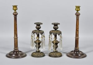 A Pair of Mahogany Turned and Fluted Pillar Candlesticks with Brass Sconces, Early 20th Century,