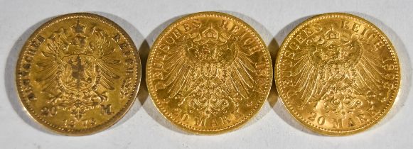 Three Wilhelm II Twenty Marks, 1873, 1891, 1893, 24g, all fine