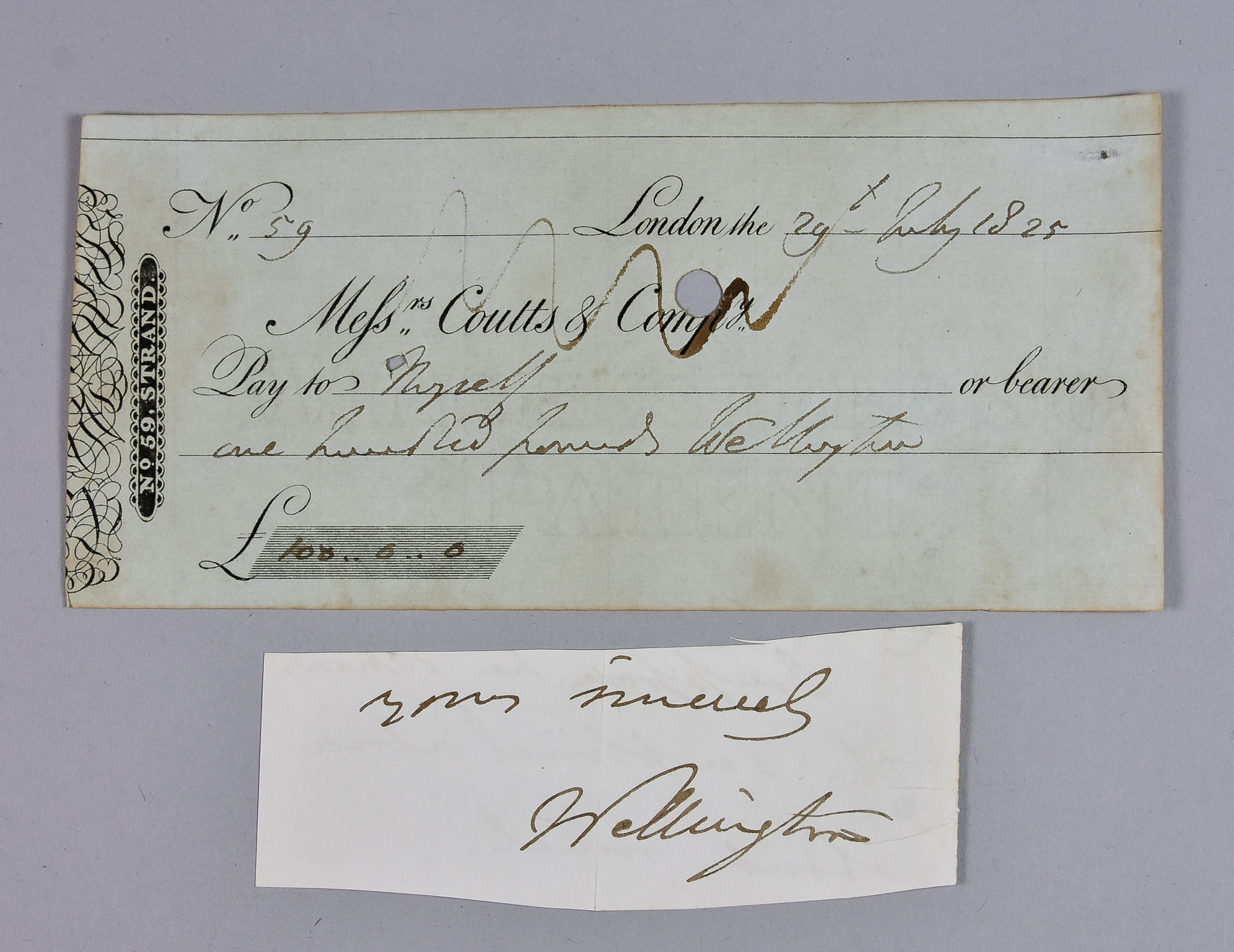 Arthur Wellesley, 1st Duke of Wellington (1769-1852) - A Coutts & Co. cheque number 59 dated 29th