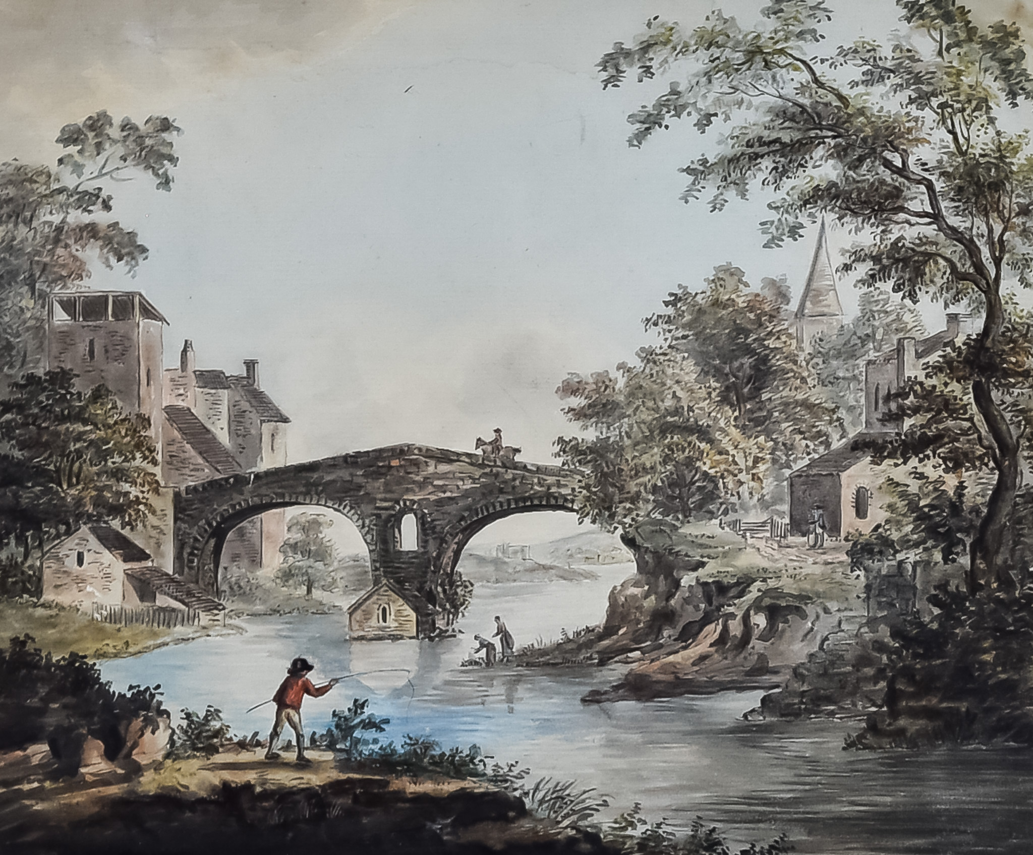 18th/19th Century English School - Watercolour - Rural riverine scene with figure fishing, and