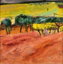 ***John Brown (Born 1945) - Mixed Media – “Grape Vines and Olive Trees”, signed, board 10ins square,