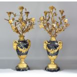 A Pair of Continental Green-Veined Marble and Ormolu Five-Branch Candelabra, 19th/20th Century, of