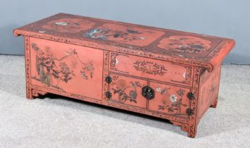 A Chinese Red Lacquer Rectangular Coffee Table painted with panels of birds and flowering branches
