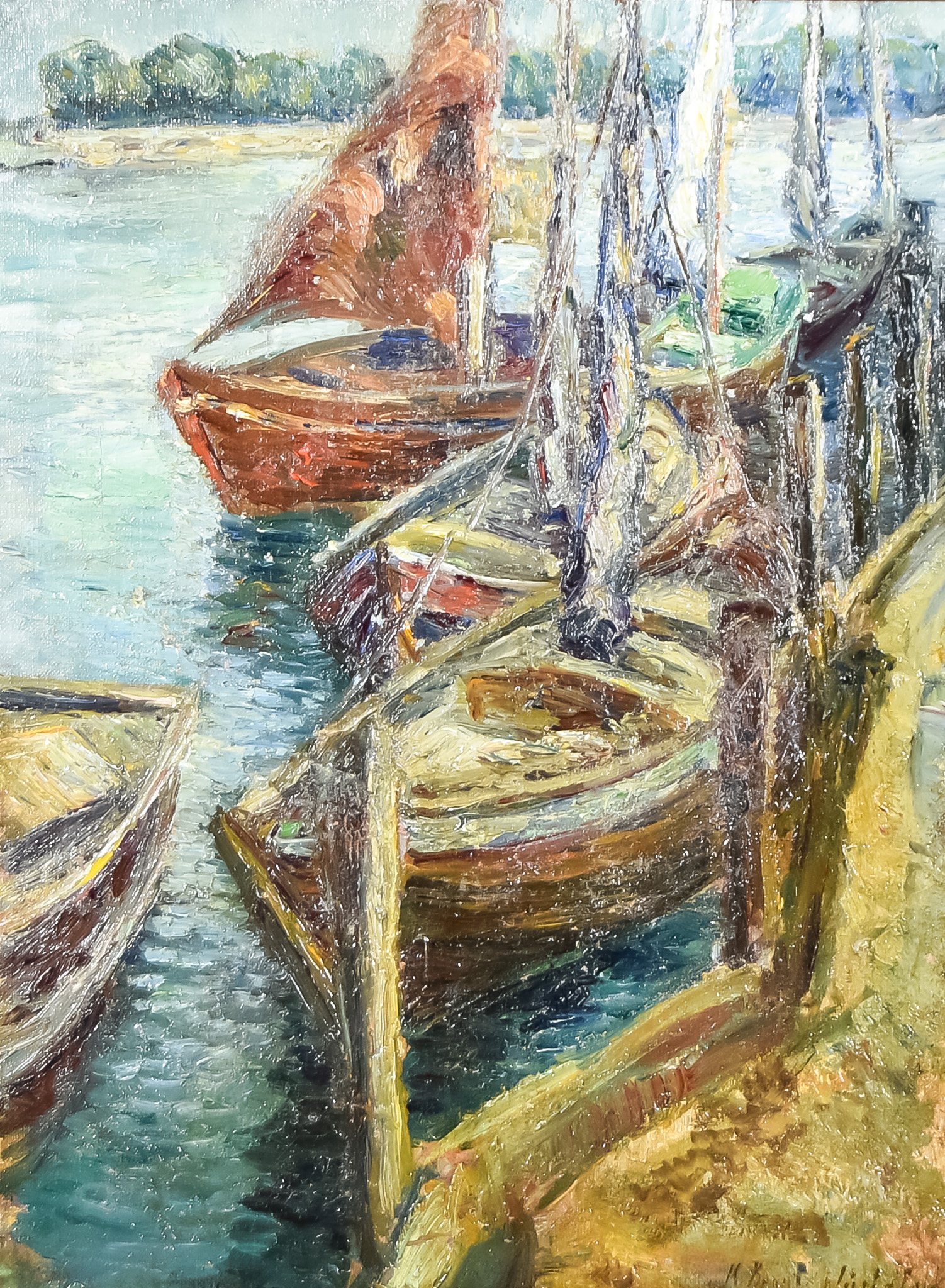 20th Century Dutch School - Oil painting - Moored fishing boats, indistinctly signed, panel 25ins