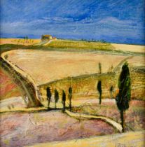 ***John Brown (Born 1945) - Mixed media – “Road to Terrapille”, signed, board 10ins square, dated