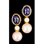 A Pair of 18ct Gold 20th Century Sapphire, Diamond and Pearl Earrings, for pierced ears,each set