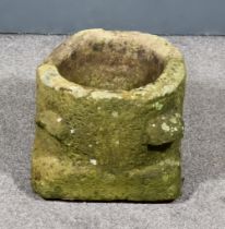 A Sandstone Circular Mortar on Square Base, 17th/18th Century, with four lugs, 15.5ins wide x