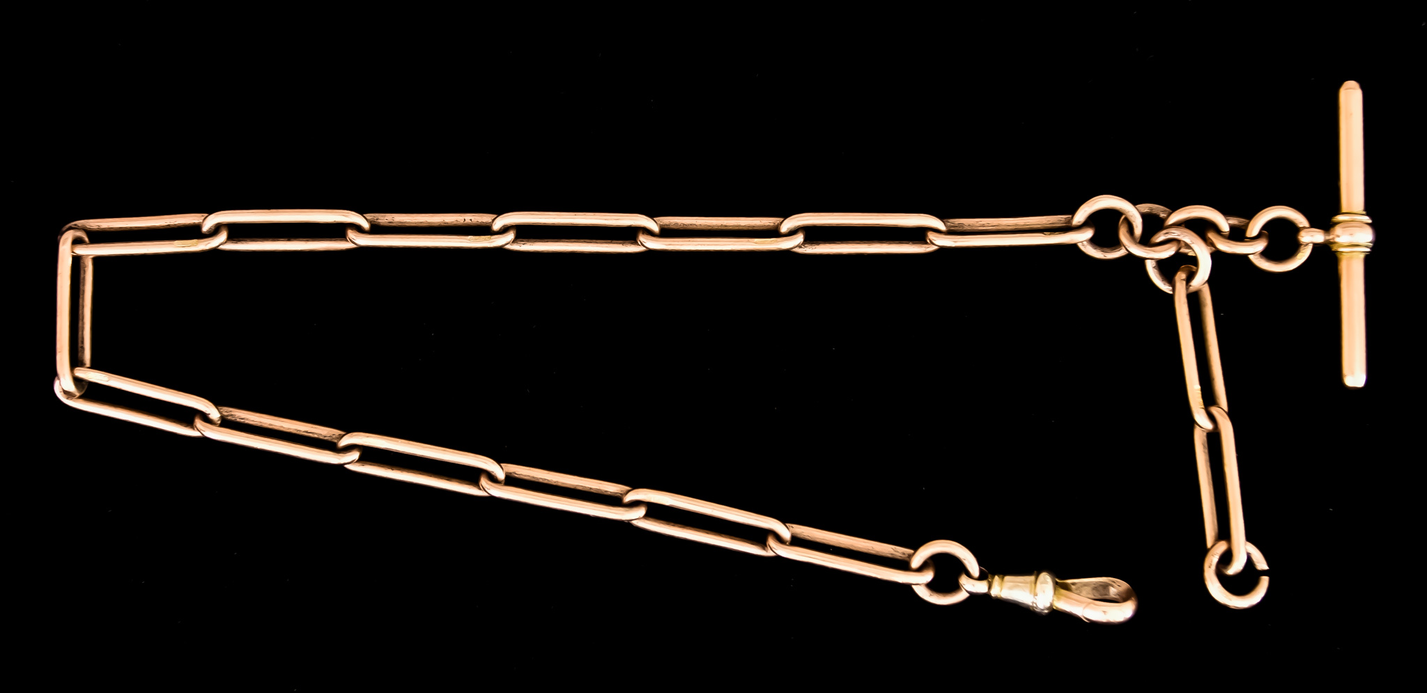 A 9ct Gold Elongated Link Albert Chain, 300mm in length, with T-bar and fob suspension, total