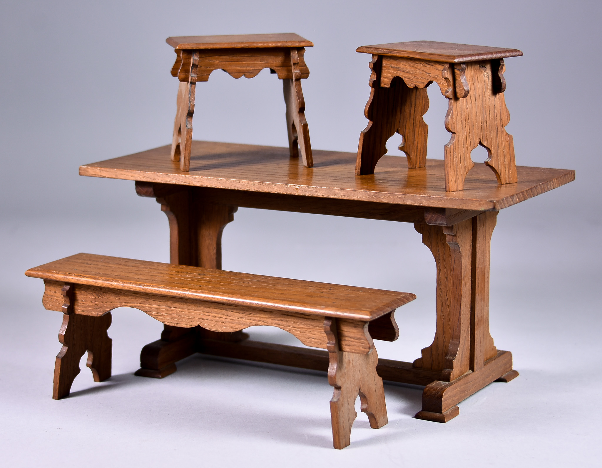 A 20th Century Oak Scale Model of a 16th Century Trestle Table, 10ins  x 4.5ins x 4.75ins high, with