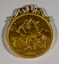 A Victoria Double Sovereign, 1887, mounted, gross weight 16.6g