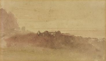 David Cox (1783-1859) - Watercolour – Classical landscape, 3.75ins x 6.5ins, framed and glazed