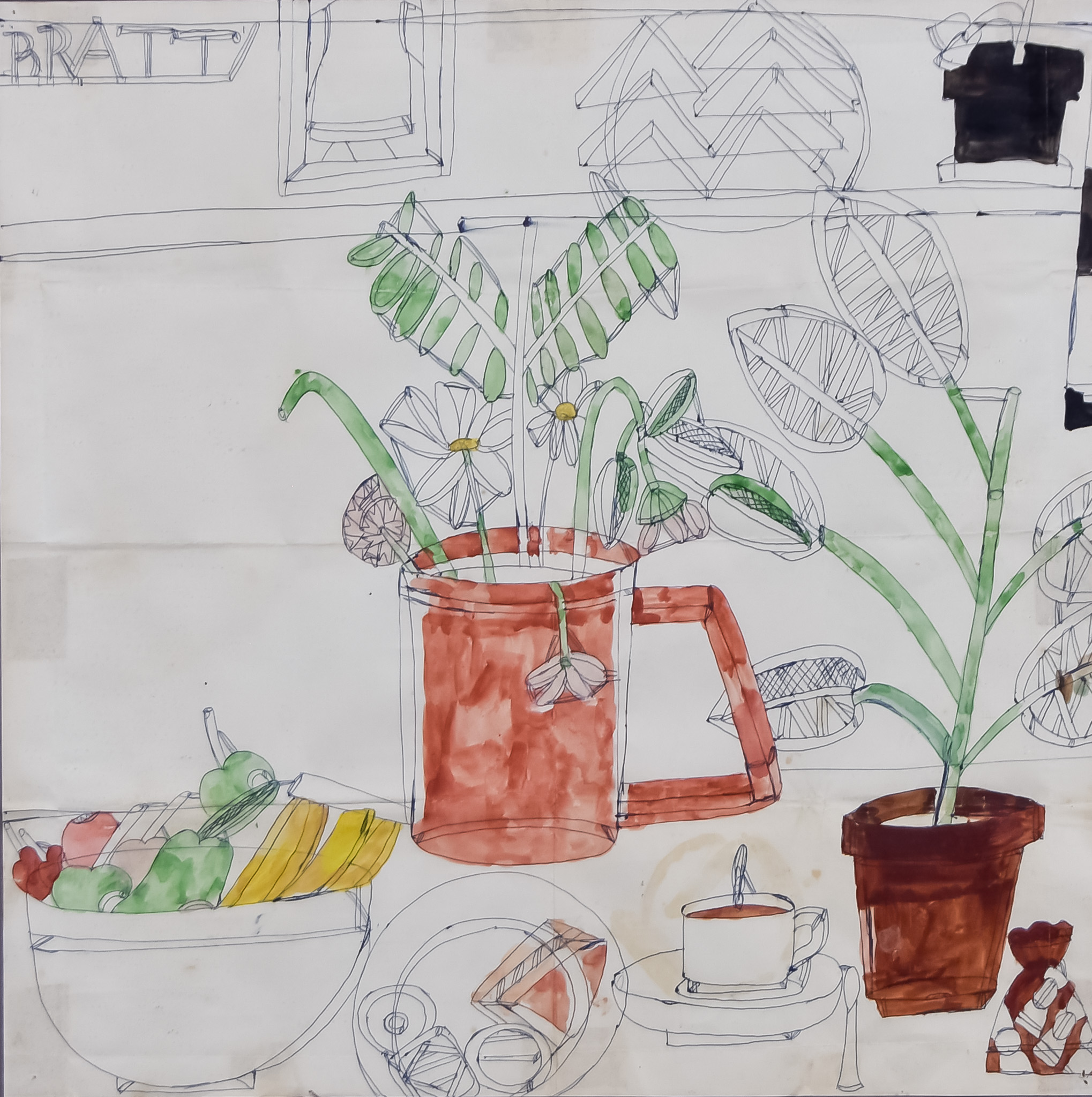 20th Century School - Ink and watercolour - Still life with flowers and leaves in a mug,