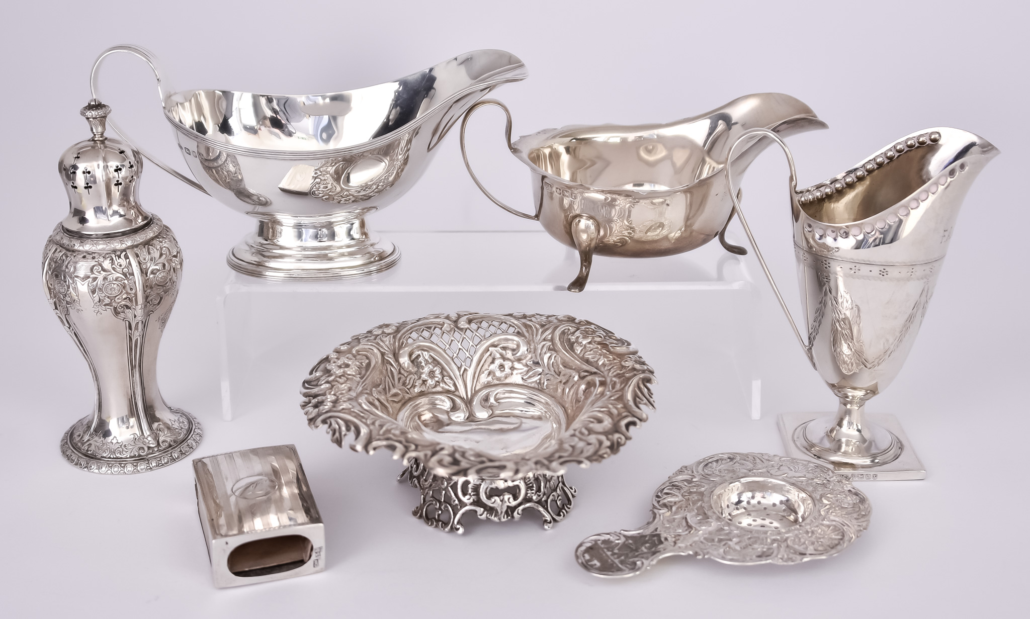 A George V Silver Oval Sauce Boat and Mixed Silverware, the sauce boat  By Viner's Ltd, Sheffield