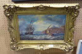 AFTER A. HULK TWENTIETH CENTURY OIL PAINTING ON CANVAS SAILING SHIPS OFF THE FRENCH COAST ON A ROUGH