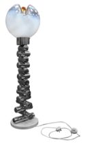 1980s DESIGNER FLOWERBUD FLOOR LAMP with chromium plated stacked cylinder stem and marble base,