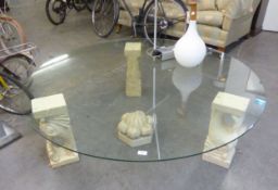 LARGE CIRCULAR GLASS COFFEE TABLE WITH DOLPHIN CARVED THREE CORBEL SUPPORTS WITH CENTRE PIECE  [