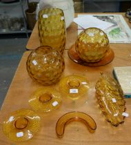 NINE PIECES OF VINTAGE AMBER GLASS, INCLUDING: PAIR OF ORBICULAR VASES, ANOTHER, LEAF SHAPED DISH