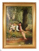 D FISHER (NINETEENTH CENTURY) OIL ON CANVAS Children fishing from the river bank Signed and dated (