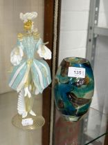 MDINA, MALTA, COLOURED GLASS OVULAR VASE, 6" HIGH AND A MURANO GLASS FIGURE WITH OPAQUE WHITE AND