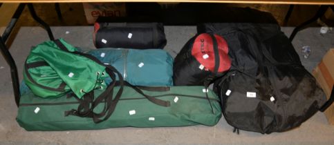 A SUNCAMP 6 PERSON TENT, PLUS TWO AZTEC SWALLOW 250 SLEEPING BAGS AND A PART CAMPING EATING SET (