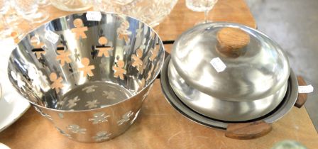 ALESSI FRUIT BOWL AND A PAIR OF MID-CENTURY DANISH STYLE STAINLESS STEEL SERVING DISHES (3)