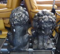 TWO BRONZE EFFECT CONCRETE SEATED LIONS, 17 1/2" (44.4cm) HIGH
