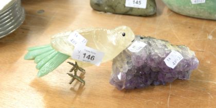 PART AMETHYST GEODE AND QUARTZ CRYSTAL BIRD CARVING