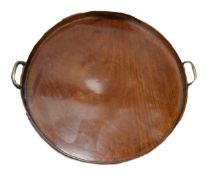 GEORGE III MAHOGANY AND OAK galleried circular tea tray with brass handles 20" (51cm) diameters