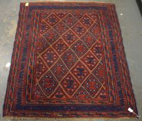 MIDDLE EASTERN WOOL RUG, GEOMETRIC PATTERNS IN BLUE AND RED, 51” x 44” (130cm x 112cm)