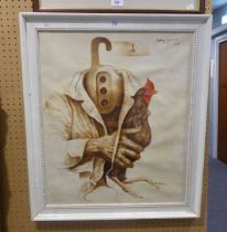 BALI SCHOOL, SURREALIST PICTURE, HEADLESS MAN HOLDING A COCKEREL, SIGNED
