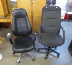 A BLACK LEATHER STYLISH OFFICE CHAIR AND A DARK GREY FABRIC OFFICE CHAIR (2)