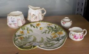 GROUP OF GEORGE JONES CERAMICS INCLUDING; MOULDED LILY-PAD PLATE, A MILK JUG AND SUGAR BOWL, ROSE