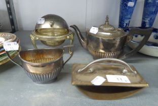 AN ELECTROPLATE BACHELOR’S TEAPOT AND TWO HANDLED SUGAR BASIN, SEMI-LOBED; AN ELECTROPLATE BUTTER