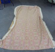 VINTAGE BEDSPREAD BY McCALLUM AND CRAIGIE LTD, SALMON PINK GEOMETRIC PATTERN WITH FRINGED EDGES