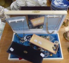 A SELECTION OF COSTUME JEWELLERY CONTAINED IN TWO JEWELLERY BOXES, TO INCLUDE; BEAD NECKLACES,