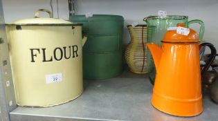 GREEN STORAGE TIN, ORANGE COFFEE POT, W. GERMAN VASE, AND GREEN GLASS JUG AND A THREE TIER CAKE