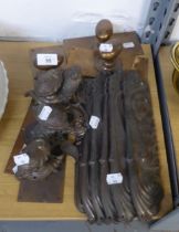 A SELECTION OF COPPER/BRONZE DOOR FURNITURE INCLUDING; STRIKE PLATES AND HANDLES