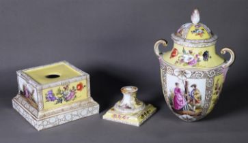 LATE NINETEENTH CENTURY DRESDEN PORCELAIN TWO HANDLED PEDESTAL VASE AND COVER, of ovoid from with