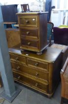 A PINE CHEST OF TWO SHORT OVER TWO LONG DRAWERS AND A MATCHING THREE DRAWER BEDSIDE (2)