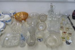 QUANTITY OF GLASSWARES TO INCLUDE; FRUIT BOWLS, DISHES, DECANTER, DRINKING GLASSES ETC....