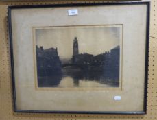 DRYPOINT ETCHING RIVER TOWN SCENE BY BERNARD EYRE WALKER