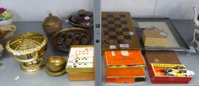 MIXED LOT TO INCLUDE; A WOODEN CHESS SET, DRAUGHTS, VARIOUS SETS OF PLAYING CARDS, DECORATIVE