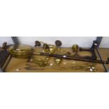 NINETEENTH CENTURY THREE PIECE BRASS FIRESIDE COMPANION SET, A COPPER BED WARMING PAN, TWO BRASS 2