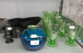UNSIGNED MDINA GLOBE VASE, GREEN GLASS LEMONADE SET & SOME PRINKNASH POTTERY