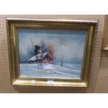 TODD OIL PAINTING ON CANVAS SNOW SCENE WITH BUILDING 11 1/2" X 15 1/2" (A.F.)